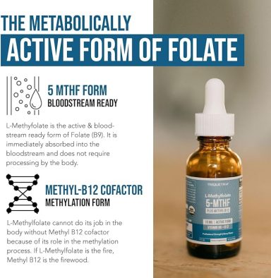 Bottle of folate supplement with text about its metabolically active form and benefits.