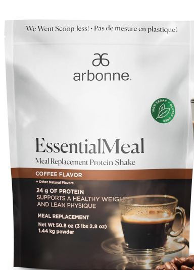 Arbonne Essential Meal protein shake, coffee flavor, in a resealable package.