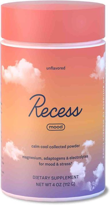 Container of Recess powdered supplement with a colorful sunset and cloud design.